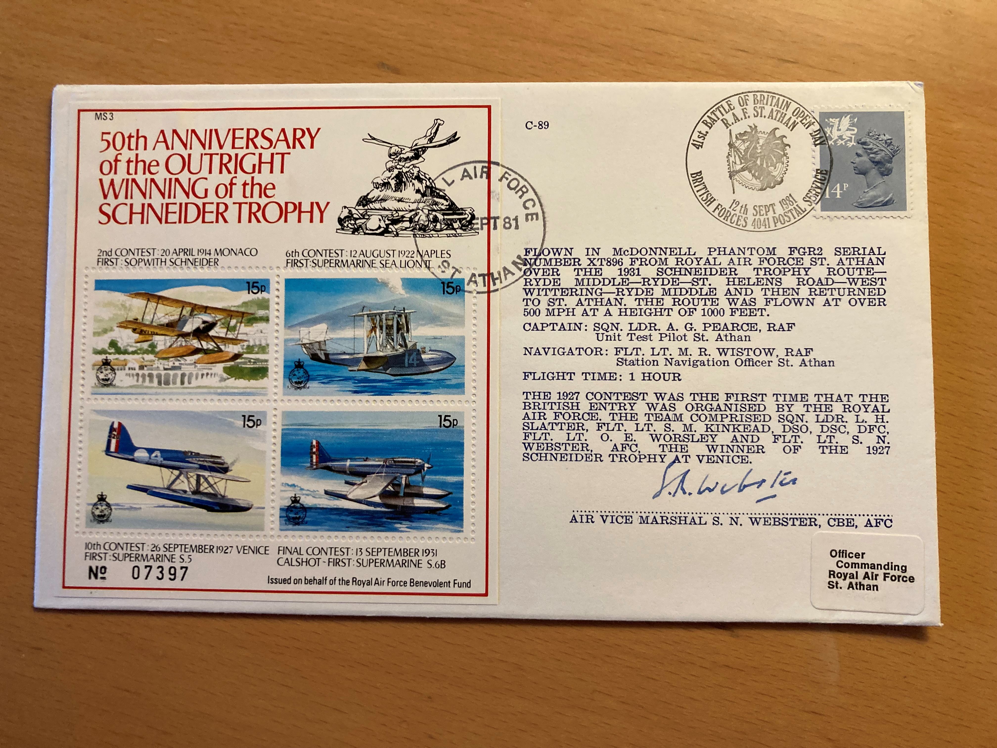 1931 Schneider Trophy pilot AVM Webster AFC signed 1981, 50th ann Air Race cover. Good condition.