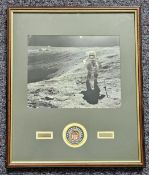 Charlie Duke signed colour photo. Mounted and framed with cloth badge and name and mission