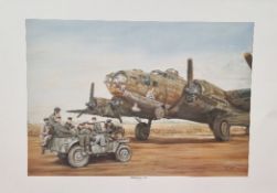 WW2 Colour Print Titled Somewhere in England by Steve Pepper. Measures 25x17 inches appx. Good