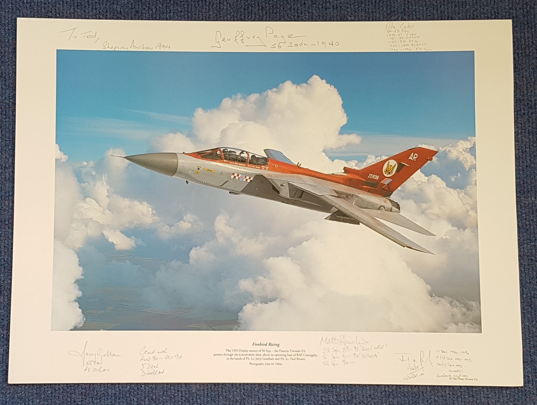Military. Geoffrey Page, Pete Coker and 4 others Signed John M Dibbs colour print titled Firebird