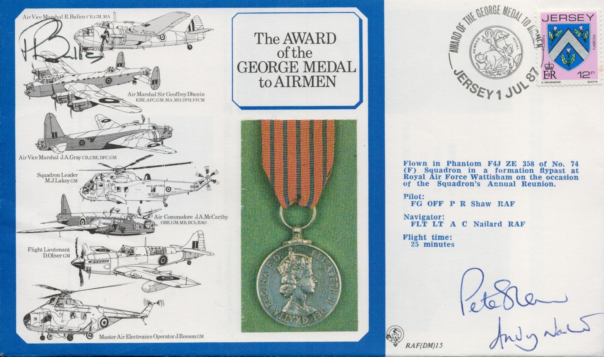 Flt Lt Pete Shaw and Flt Lt Andy Nailard Signed The Award of the George Medal FDC. Jersey Stamp