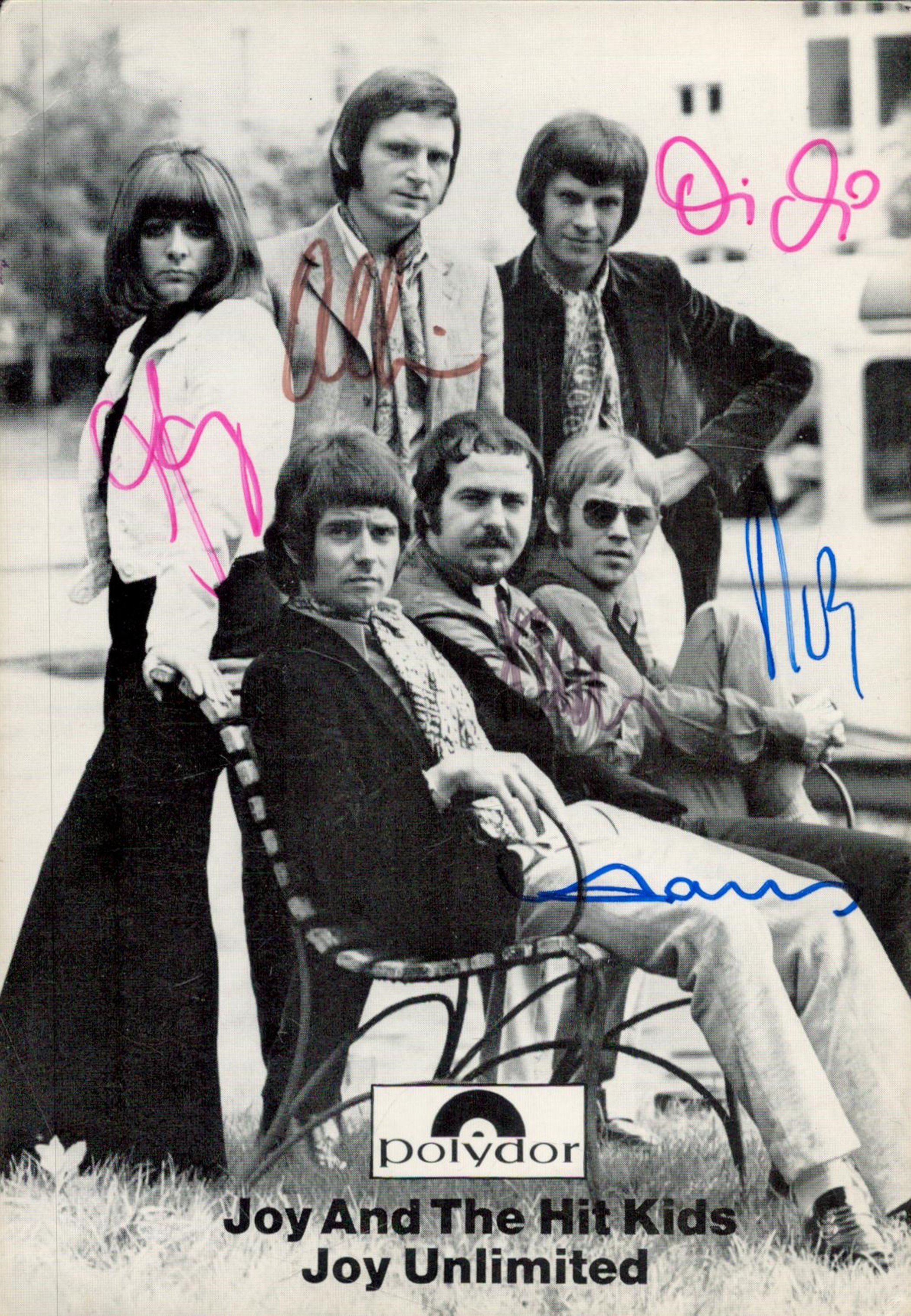 Music. Joy and the Hit Kids Joy Unlimited Multi Signed 6 x 4 inch Black and White Promo Photo.