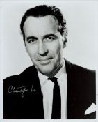 Christopher Lee signed black and white photo head and shoulders portrait. Was an English actor and