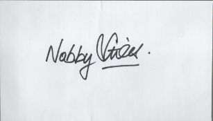 Nobby Stiles signed 6x4inch white card. Good condition. All autographs come with a Certificate of