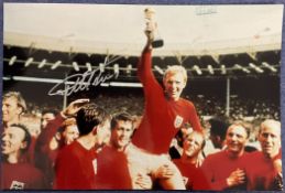 Geoff Hurst signed 16x12 inch 1966 World cup final colour print pictured celebrating with his