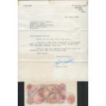 Sylvia Cook and John Fairfax signed Ten Shilling Note includes accompanying TLS dated 3RD June 1972.
