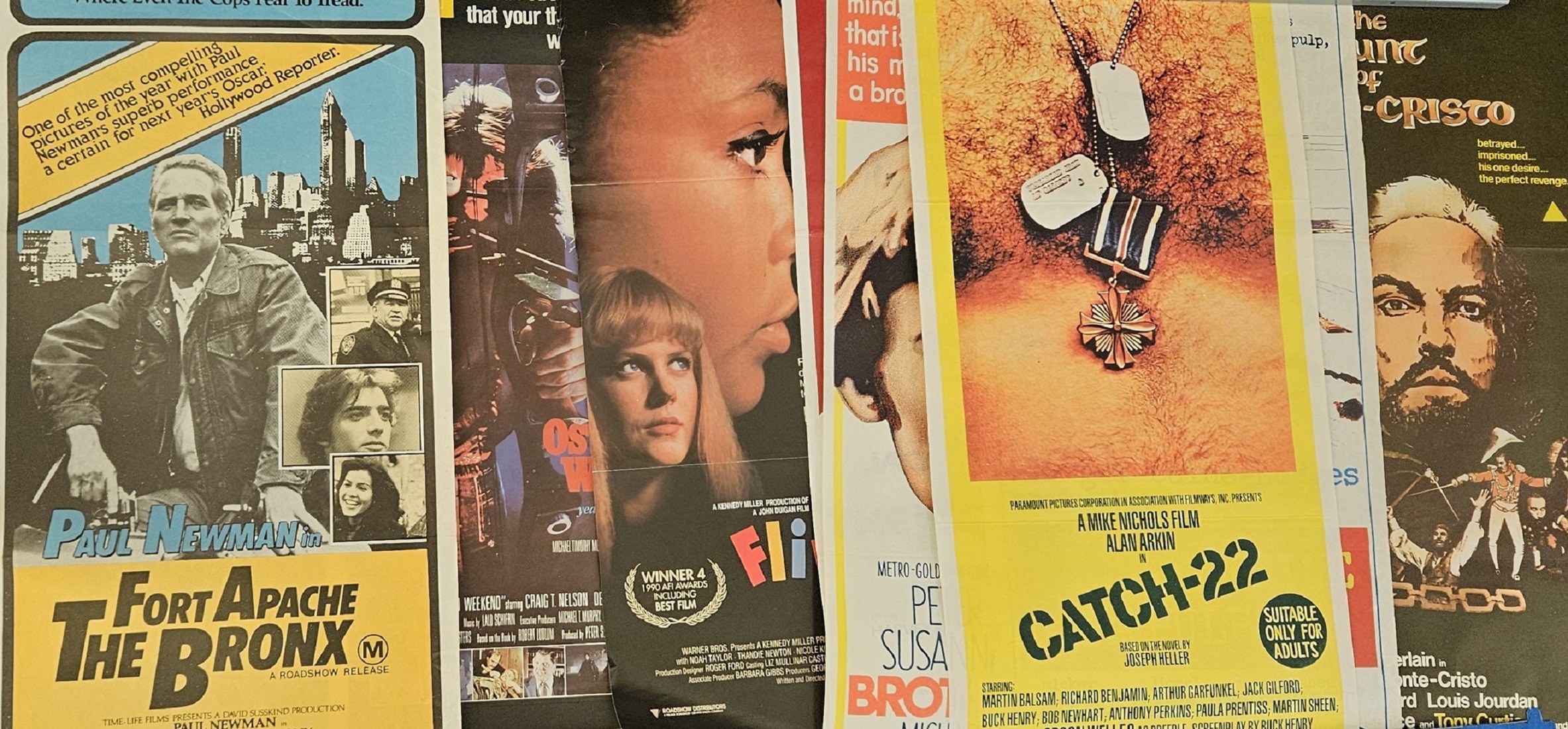 FILM Poster collection of 8 approx 13x30 inch movie posters. Good condition. All autographs are