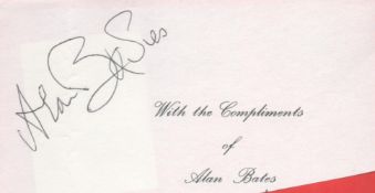 Actor, Alan Bates signed compliments slip with printed name tag, signed in black ink. This item does