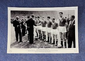 Bill Foulkes, Ronnie Cope and Alex Dawson signed Manchester United 1958 FA Cup 16x12 black and white