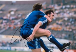 Paul Mariner signed 12x8 colour photo pictured celebrating with teammate John Wark while playing for