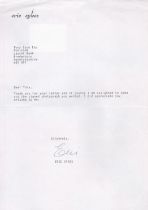 Eric Sykes Personally Signed Typed Letter on headed A4 paper. Letter Gives thanks for letter and