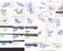 ENTERTAINMENT Collection of 6 sets of signed white 6x4 inch cards including names of Status Quo,