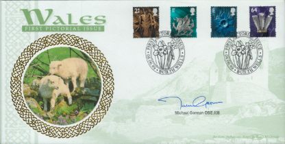 Michael German OBE signed Wales first pictorial issue FDC. 8/6/99 Builth Wells postmark. Good