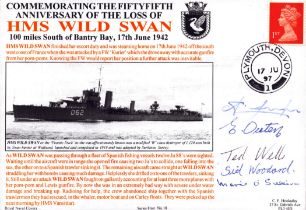 HMS Wild Swan FDC Signed By 5 Survivors. Ted Wells, Sid Woodward, Marie O'Sullivan and 2 others.