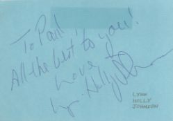 Lynn-Holly Johnson Signed 6x4 inch Blue Autograph Album page. Dedicated to Paul. Good condition. All