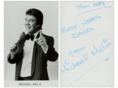 Michael Melia signed Promo. Black & White Photo. Signed on back of Photo 5.5x3.5 Inch. Dedicated.
