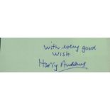 Harry Andrews signed 5x2 green album page cutout. Good condition. All autographs come with a