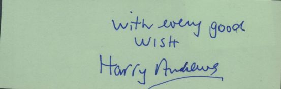 Harry Andrews signed 5x2 green album page cutout. Good condition. All autographs come with a