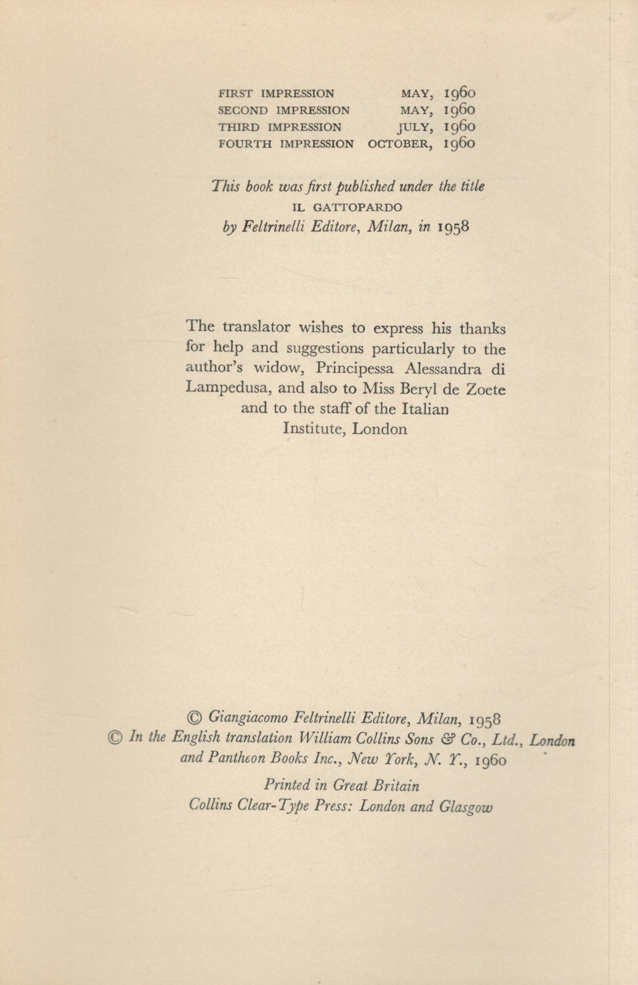 The Leopard by Giuseppe Di Lampedusa Translated by Archibald Colquhoun 1960 fourth Impression - Image 3 of 3