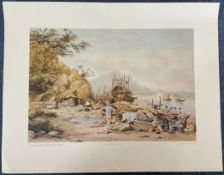 Print. Titled Boat Dwellers, Kowloon Bay 1839 Colour Print by Auguste Borget. Measures 18 x 14