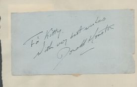 Donald Houston signed autograph page. Dedicated. Welsh Actor. Approx. size 6.25x4 Inch. Good