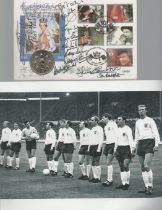 England 1966 team (except Bobby Moore) signed 1993 coin cover. Also signed by Kenneth Wolstenholme