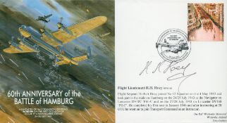 Flt Lt HH Hoey DFM Signed 60th Anniversary of the Battle of Hamburg FDC. British stamp with 25