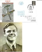 WW2 BOB fighter pilot Noel Corry 25 sqn signed BOB cover with biography info fixed to A4 page.