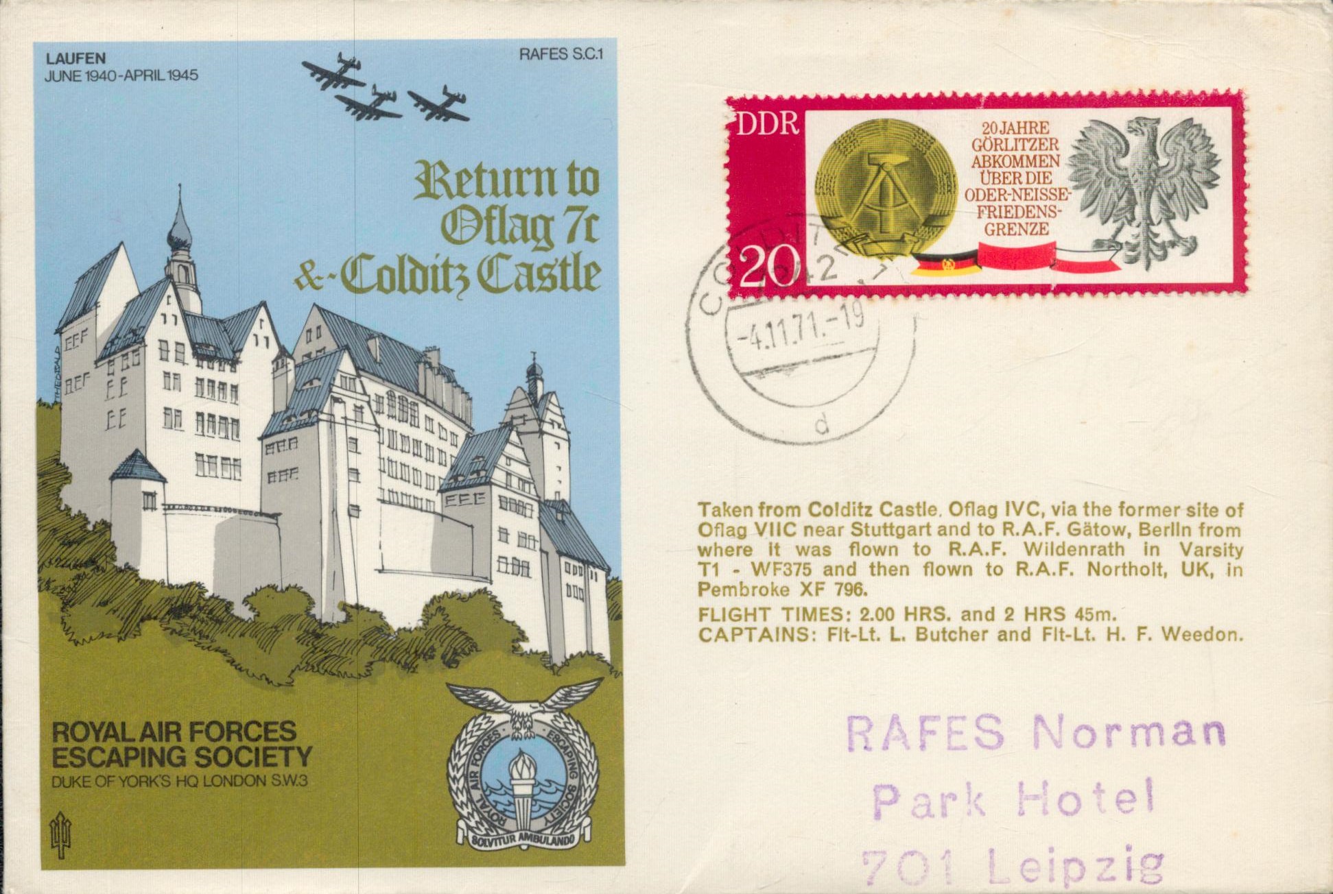 RAFES Sc1aE Return to Oflag 7C & Colditz Castle Flown FDC (Royal Air Forces Escaping Society) with - Image 2 of 4