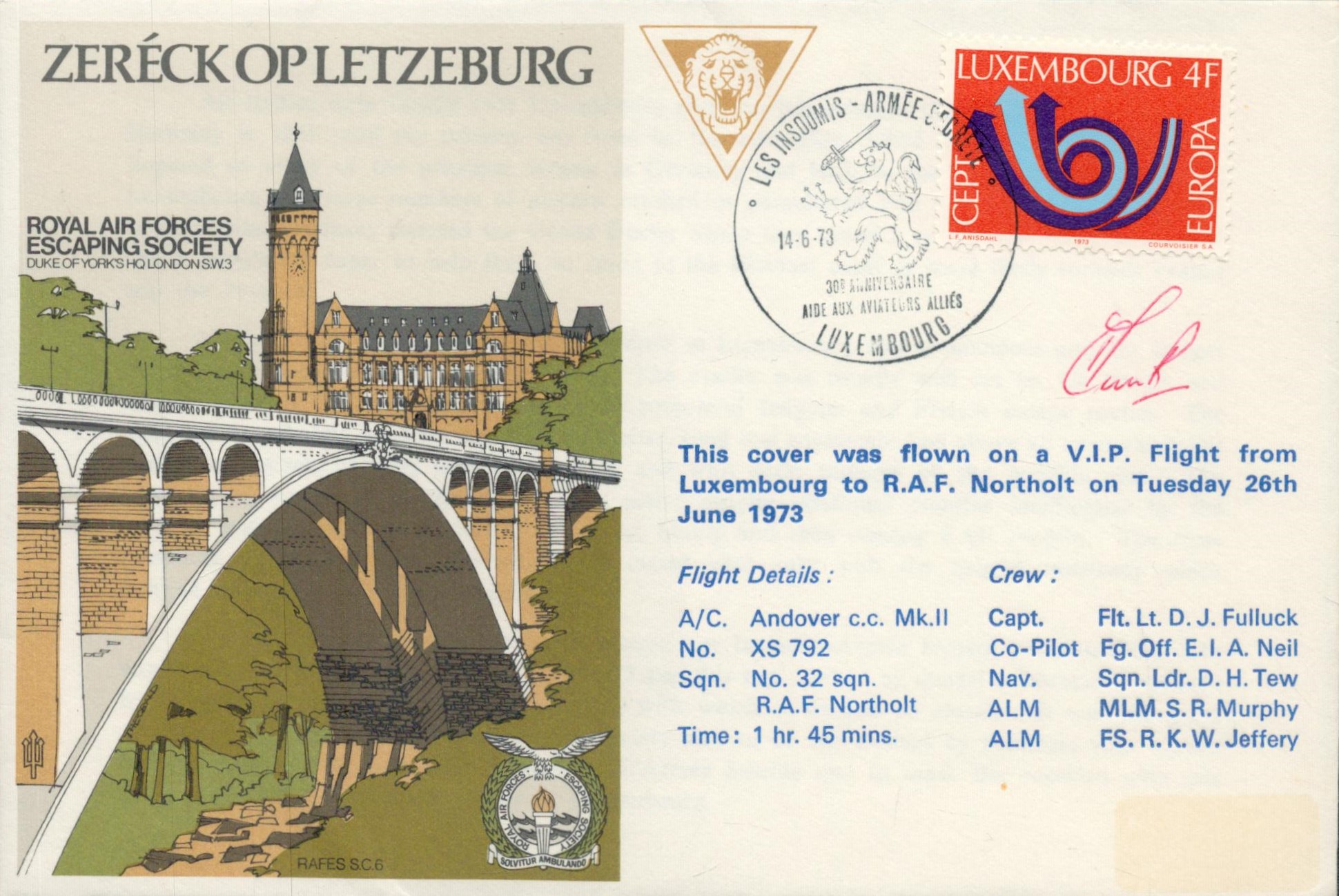 RAFES SC6 Zereck op Letzeburg Flown FDC (Royal Air Forces Escaping Society) with unknown signature - Image 2 of 4