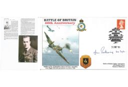 WW2 BOB fighter pilot James Pickering 64 sqn signed BOB cover with biography details fixed to A4