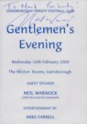 Neil Warnock signed Menu. (Gentleman's Evening Wednesday 16th Feb. 2000). Dedicated. Good condition.