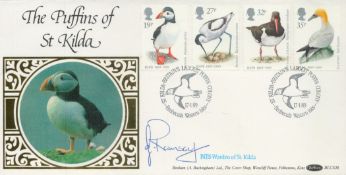 NTS Warden of St Kilda signed Puffins FDC. 17/1/89 Western Isles postmark. Good condition. All