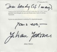 Julian Fellowes Signed Typed Letter Dated 13th September 2011. Signed in black marker pen. Good