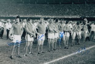 Autographed ENGLAND 12 x 8 Photograph : B/W, depicting England players lining up shoulder to