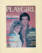 Pierce Brosnan signed 14x11 inch overall mounted Playgirl magazine cover page dated February 1980.