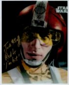 Jack Klaff signed Star Wars 10x8 inch colour photo inscribed Red 4 'I'm hit ! . Good condition.