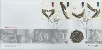FDC NHS 1948-1998. Plus, 50p coin. 4 stamps plus double postmarked 5 July 1998. Good condition.
