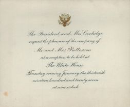 President Coolidge White House invitation dated 1927. UNSIGNED. Good condition. All autographs