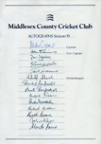 Cricket Middlesex legend multi signed A4 team sheet 14 signatures include Mark Ramprakash, Mike