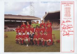 Football. Four Man Utd Legends Signed 16 x 12-inch Colour European Winners Print. Signed by John