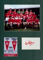 Football. Alex Stepney Signed Signature Card, Mounted With Colour Team Photo and Cup Final Promo