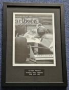 Ayrton Senna signed 14x10 inch framed and mounted black and white photo pictured driving for