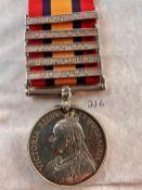 Queens South Africa Medal Boer War medal 1899 1902. Arm to right R ghost. 5 clasps Talana, Defence
