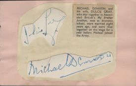 Multi signed Dulcie Gray & Michael Denison autograph card cut outs fix onto pink page. 6x4 Inch.