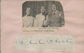 Charlie Chester signed autograph cut outs include black & white newspaper picture fix onto pink