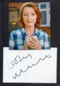 Lesley Manville Signed Signature Card With Colour Glossy Photo of Herself attached to Black Card.