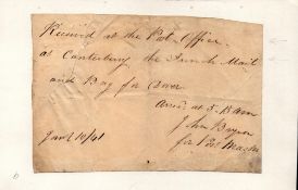 Handwritten Receipt from 1841 "Received at the Post Office at Canterbury, The French Mail and Bag