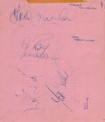 6 signatures on a vintage pink autograph album page. Signed by Tom Finney, Bobby Kerr, Ian