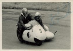 Bran Bardsley & Pete Cropper Signed Black and White Photo pictured on their Motorcycle & Sidecar